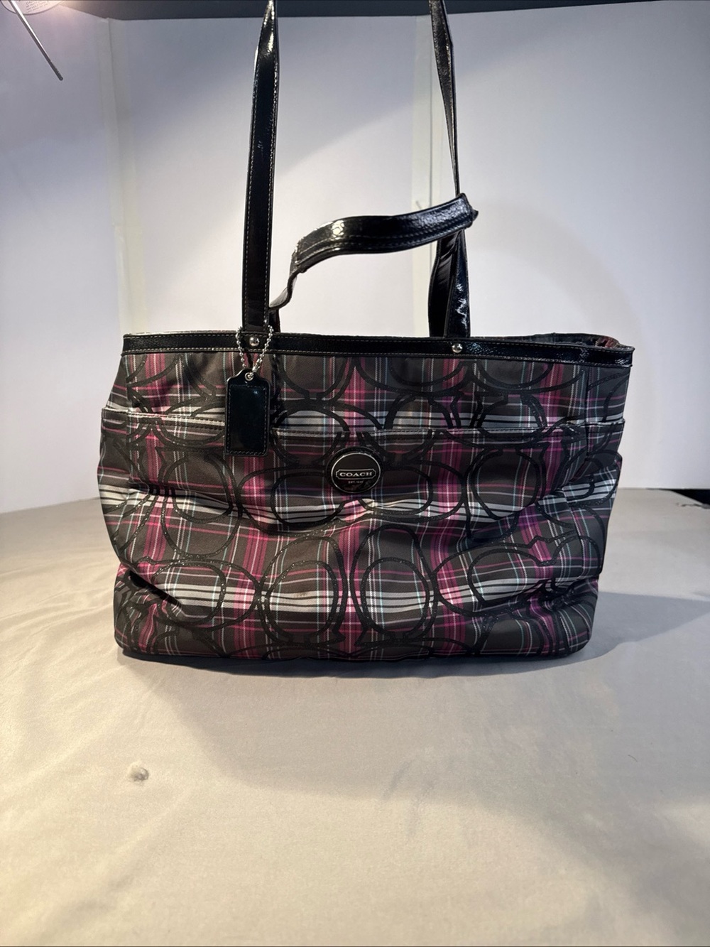 Coach Black and Pink Signature Plaid Tote